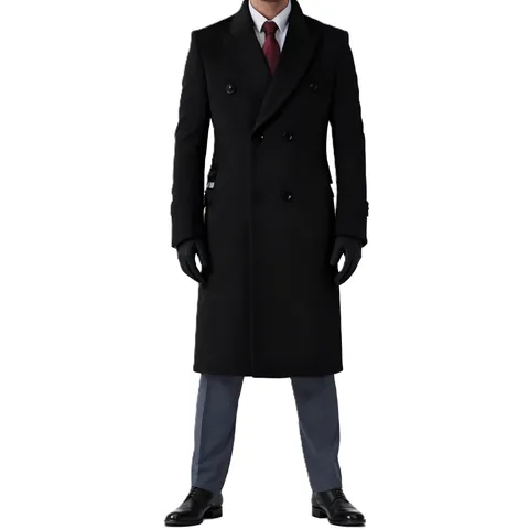 Men's Winter Thickened Padded Wool Coat Extra Long Slim Fit Double-Breasted Windbreaker Jacket British Style Overcoat