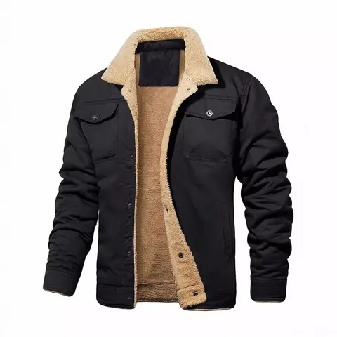 Men Autumn Winter Fleece Lined Polyester Jacket Workwear Style Thick Warm Top Single Breasted Lapel Multi Pocket Casual Outdoor Jacket