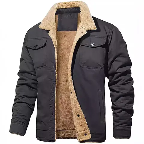 Men Autumn Winter Fleece Lined Polyester Jacket Workwear Style Thick Warm Top Single Breasted Lapel Multi Pocket Casual Outdoor Jacket