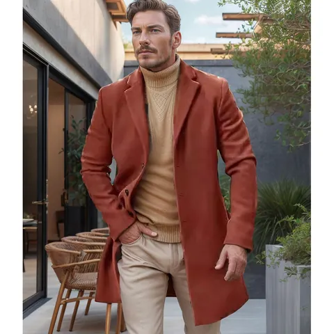 Men British Style Mid-Length Woolen Coat Thick Single-Breasted Overcoat Trench Jacket Winter Casual Solid Color Polyester Top