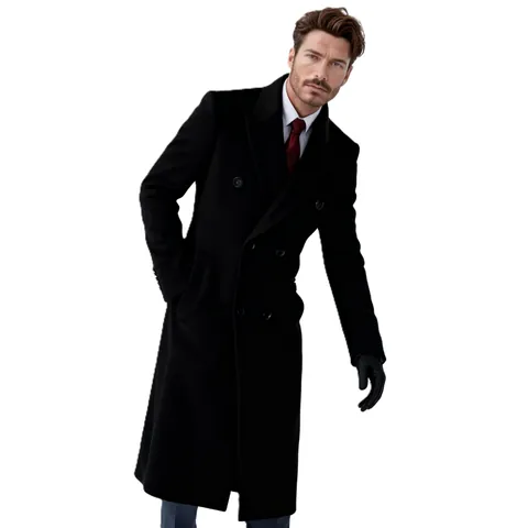 Men's Winter Thickened Padded Wool Coat Extra Long Slim Fit Double-Breasted Windbreaker Jacket British Style Overcoat