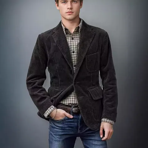Men British Vintage Corduroy Blazer Jacket Business Casual Solid Color Lapel Single-Breasted Top With Pockets For Autumn