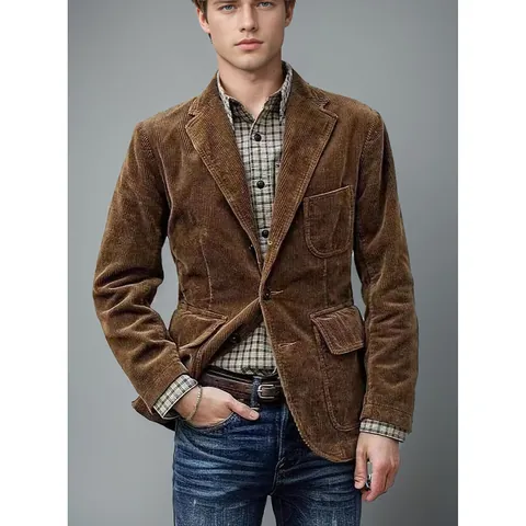 Men British Vintage Corduroy Blazer Jacket Business Casual Solid Color Lapel Single-Breasted Top With Pockets For Autumn