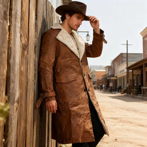 Men Vintage Brown Faux Suede Long Coat With Artificial Lamb Wool Collar Thickened Winter Warm Jacket Outwear Top For Men
