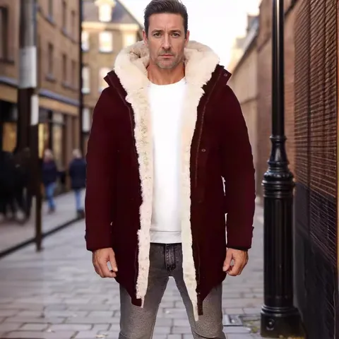Men's Casual British Style Faux Suede Shearling Lined Hooded Cotton Padded Coat Winter Thick Warm Mid-Length Parka Jacket Top