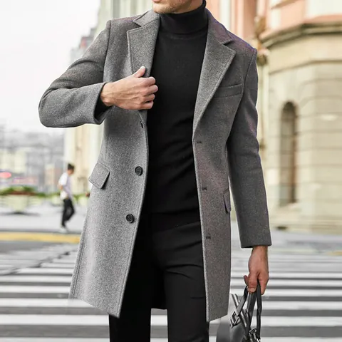 Cappotto da Uomo in Poliestere a Media Lunghezza Stile Britannico Rever a Lancetta Manica Lunga Slim Fit Trench Business Casual Autunno Inverno