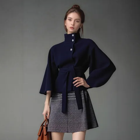 Women Cloak Woolen Coat Stand Collar Button Fashion Trench Coat Outerwear Solid Color Cape Windbreaker Jacket With Belt
