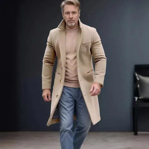 Men's British Style Mid-Length Woolen Overcoat Slim Fit Single Breasted Trench Coat Warm Polyester Jacket For Everyday Wear