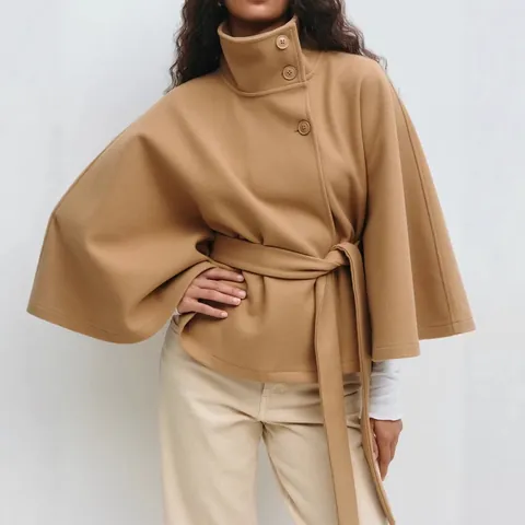 Women Cloak Woolen Coat Stand Collar Button Fashion Trench Coat Outerwear Solid Color Cape Windbreaker Jacket With Belt