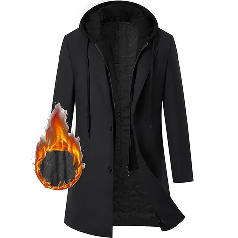Heren Middellange Wollen Jas Met Capuchon Nep Tweedelig Ontwerp Verdikte Gewatteerde Overjas Urban Slim Fit Winterjas Top