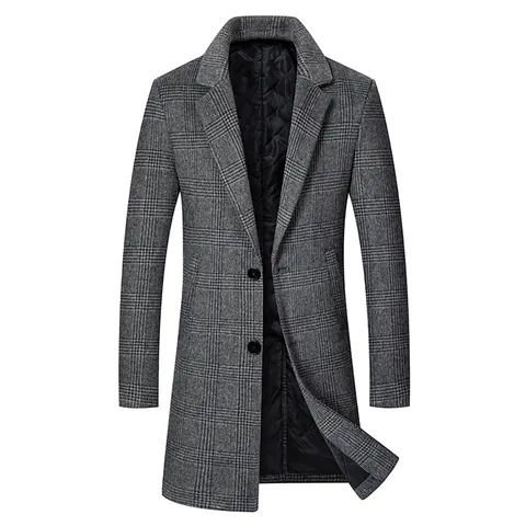 Men Plaid Wool Coat Thickened Padded Mid-Length Slim Fit Lapel Windbreaker Top Jacket Autumn Winter Fashion Overcoat For Men