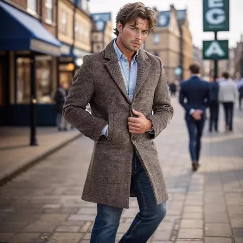 Men Plaid Wool Coat Thickened Padded Mid-Length Slim Fit Lapel Windbreaker Top Jacket Autumn Winter Fashion Overcoat For Men