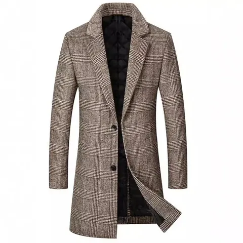 Men's Plaid Woolen Overcoat Polyester Thickened Quilted Lining Mid-length Trench Coat Slim Fit Lapel Top Jacket For Winter Casual
