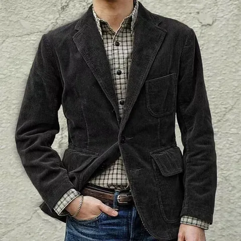 Men British Vintage Corduroy Casual Blazer Jacket Single Breasted Solid Color Warm Nylon Coat Multi Pockets Fashion Outerwear