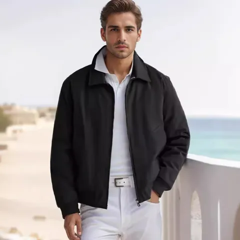 Men Harrington Zipper Jacket Lapel Design Casual Commuter Outerwear Solid Color Ribbed Cuff Polyester Windproof Spring Fall Top