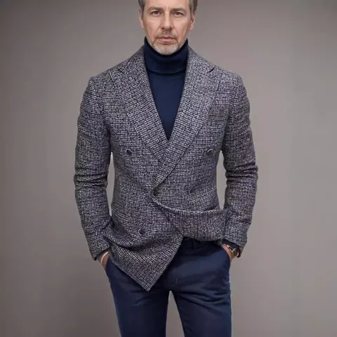 Men Business Casual Plaid Blazer Jacket Notched Lapel Double Breasted Slim Fit Polyester Suit Coat Gentleman Outerwear Top