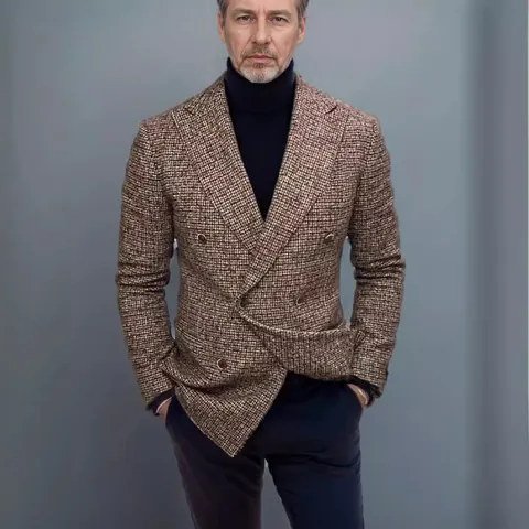 Men Business Casual Plaid Blazer Jacket Notched Lapel Double Breasted Slim Fit Polyester Suit Coat Gentleman Outerwear Top