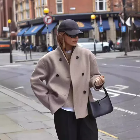 Women's Double Breasted Mid-Length Woolen Coat British Style Casual Solid Color Lapel Outerwear Top Autumn Winter Jacket