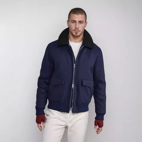 Chaqueta de Lana de Invierno para Hombre Con Cuello de Piel Negra Estilo Coreano Casual Ajuste Delgado Cremallera Abrigo de Manga Larga