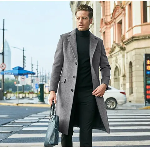 Pardessus Long pour Homme Style Britannique Coupe Ajustée Simple Boutonnage à Revers Business Casual Polyester Trench-Coat d'Hiver