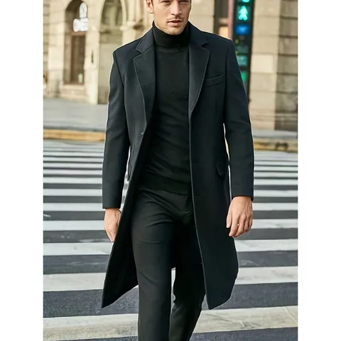 Pardessus Long pour Homme Style Britannique Coupe Ajustée Simple Boutonnage à Revers Business Casual Polyester Trench-Coat d'Hiver