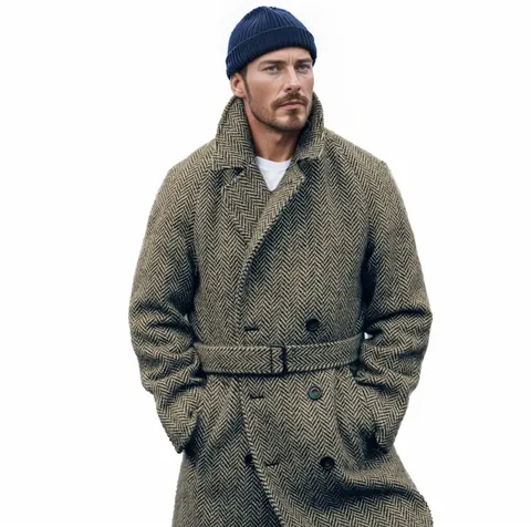 Manteau en Laine à Chevrons Vintage Britannique pour Hommes Double Boutonnage Rembourré Mi Long Plaid Trench Coat Avec Ceinture Pour Hiver Business Casual