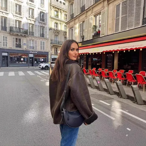 Women Faux Shearling Jacket Oversized Warm Fleece Lined Faux Leather Coat Retro Splice Top Winter Outwear