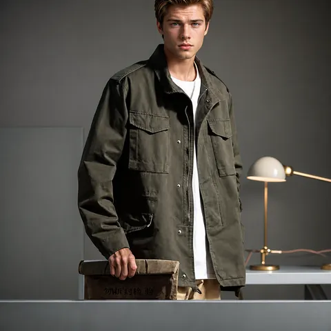 Men's Heavy Retro Workwear Jacket Military Style Multi-Pocket Loose Windbreaker Long Sleeve Top Outerwear For Spring Autumn