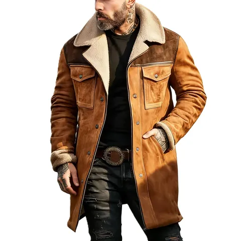 Veste Rétro en Daim pour Hommes Col Peau Lainée Manteau d'Hiver Style Britannique Bloc de Couleur Multi-Poches Ample Top