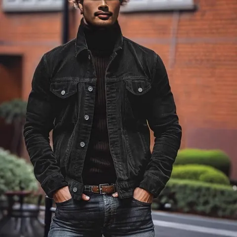 Veste en Velours Côtelé Vintage pour Homme Style Workwear Rétro Col à Revers Manteau Boutonné pour Automne Hiver Couleur Unie