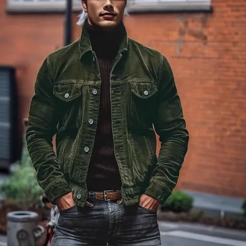 Veste en Velours Côtelé Vintage pour Homme Style Workwear Rétro Col à Revers Manteau Boutonné pour Automne Hiver Couleur Unie
