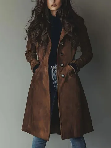 Damen Retro Trenchcoat aus Wildlederimitat Vintage Reverskragen Einreihig Einfarbig Windjacke Herbst Winter Oberbekleidung