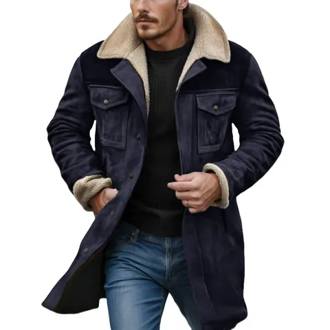 Men's Suede Colorblock Jacket British Style Sherpa Lined Long Coat Winter Warm Multi Pocket Workwear Outerwear