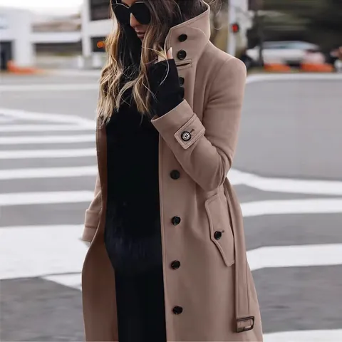 Dames Herfst Winter Wollen Jas Middellang Enkele Rij Knoppen Overjas Met Taillegordel Effen Kleur Casual Mode Top