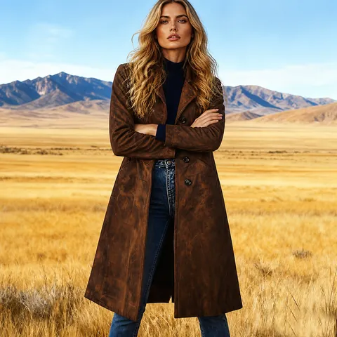 Women Suede Long Coat Western Style Lapel Single Breasted Casual Warm Outerwear Slim Fit Solid Color Trench Coat Top