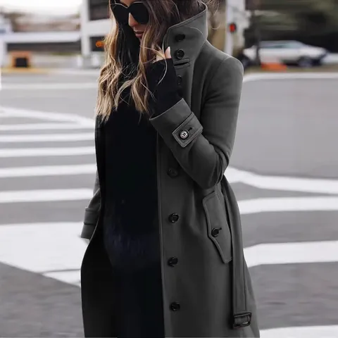 Dames Herfst Winter Wollen Jas Middellang Enkele Rij Knoppen Overjas Met Taillegordel Effen Kleur Casual Mode Top