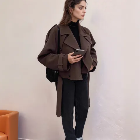 Women Western Style Woolen Coat Autumn Winter Lapel Lace Up Short Jacket Fashion Solid Color Outerwear Casual Warm Overcoat