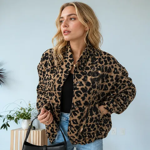 Women's Retro Leopard Print Jacket Loose Casual Button Up Lapel Outerwear Top For Spring Fall Women's Streetwear