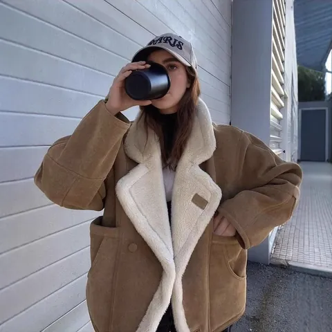 Dames Retro Suède Kunstmatige Lamswol Jas Oversized Dikke Warme Winterjas Streetwear Effen Bruine Jas