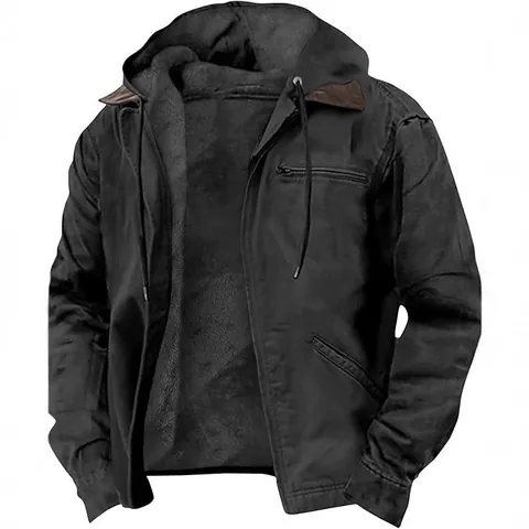 Men Casual Hooded Fleece Lined Jacket Polyester Workwear Zip Up Outerwear Pockets Solid Color Winter Warm Coat Top