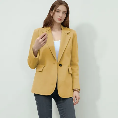 Women Woolen Look Blazer Notched Lapel Single Button Pocket Solid Color Casual Autumn Winter Office Lady Long Sleeve Jacket