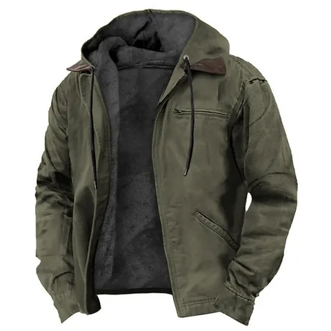 Men Casual Hooded Fleece Lined Jacket Polyester Workwear Zip Up Outerwear Pockets Solid Color Winter Warm Coat Top