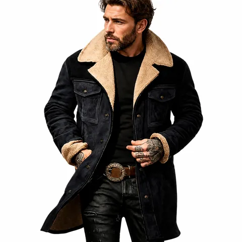 Veste Rétro en Daim pour Hommes Col Peau Lainée Manteau d'Hiver Style Britannique Bloc de Couleur Multi-Poches Ample Top