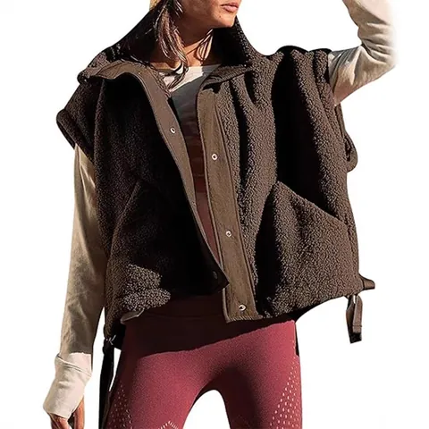 Women Sherpa Fleece Vest Sleeveless Jacket Warm Winter Waistcoat Outwear Button Up Loose Casual Fashion Polyester Plush Gilets