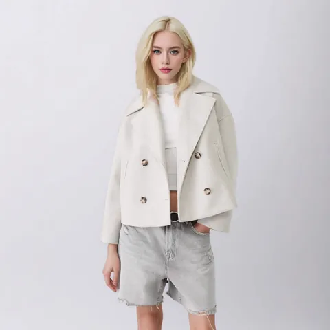 Women Double-Breasted Woolen Coat Lapel Collar Short Jacket Casual Warm Solid Color Polyester Long Sleeve Top