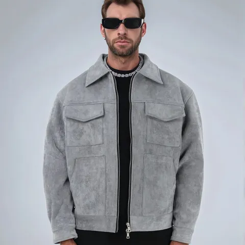 Men Casual Suede Faux Leather Jacket With Cargo Pockets Spring Autumn Zip Up Western Style Lapel Workwear Outerwear Top