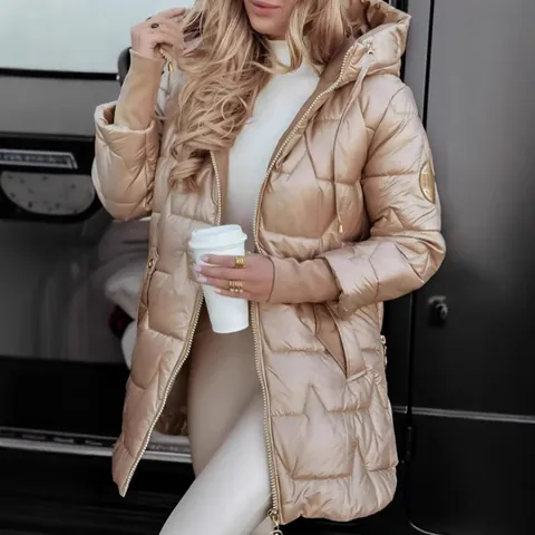 Women's Shiny Metallic Puffer Jacket Mid-Length Hooded Quilted Parka With Star Patterns Zip-Up Winter Coat Top Fashion Warm