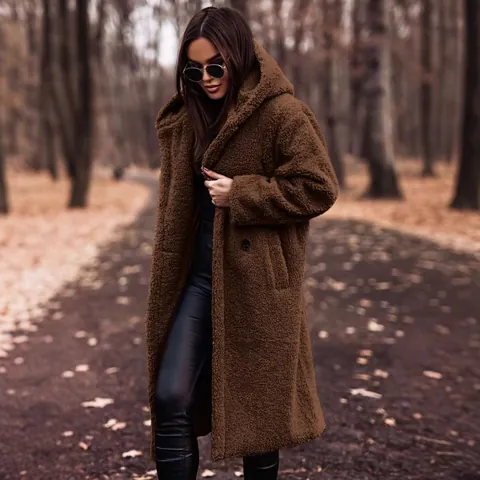 Women's Fashion Teddy Fleece Long Coat Hooded Solid Color Winter Warm Windbreaker Overcoat Polyester Teddy Jacket For Commuting
