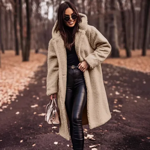Women's Fashion Teddy Fleece Long Coat Hooded Solid Color Winter Warm Windbreaker Overcoat Polyester Teddy Jacket For Commuting