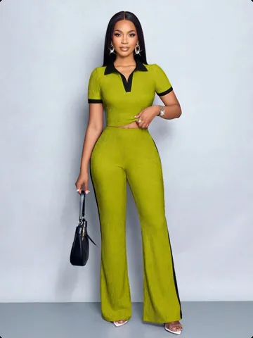 Women Summer Fashion Two-Piece Set Slim Short Sleeve Contrast Lapel T-Shirt And Long Pants Set Casual Outfits